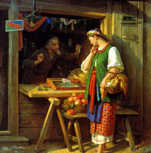 Painting of a man selling jewelry to a woman