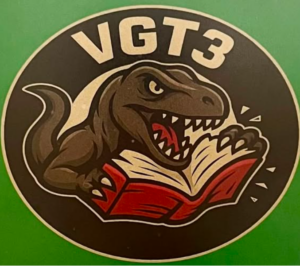 Logo of VGT3 with a dinosaur about to eat a book