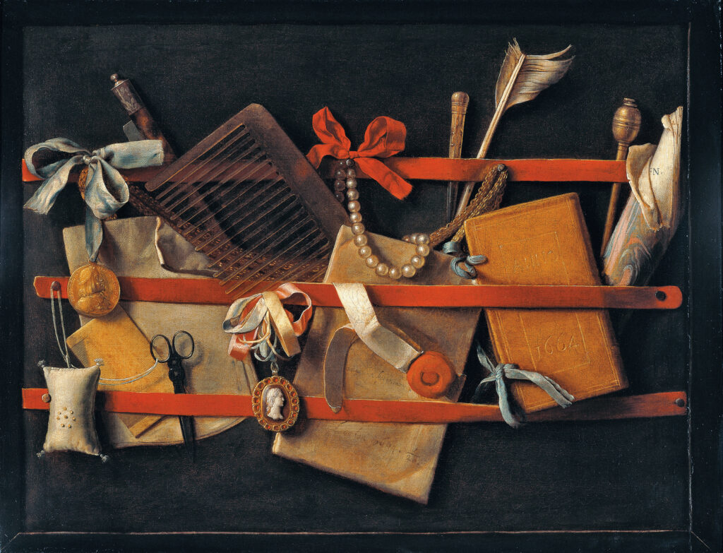 Dutch still life painting from 1664 featuring various household items